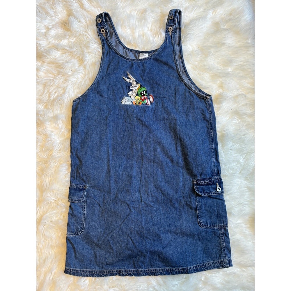 90s Y2K‎ looney tunes denim Cargo Jumper Dress M